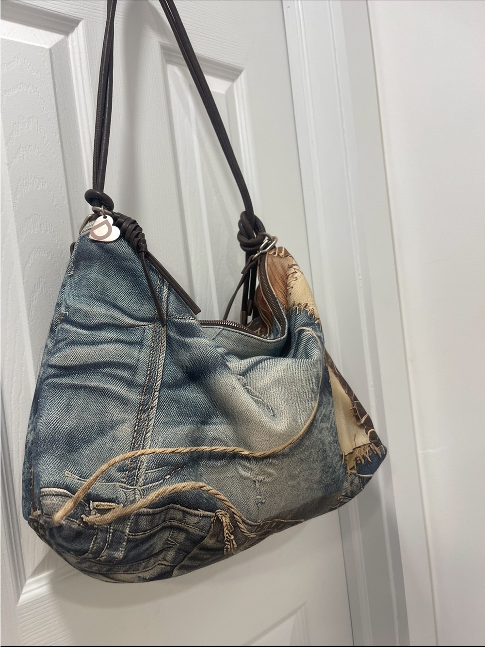 Desigual Blue Denim-Style Hobo with Brown Patchwork Accents - Picture 2 of 8